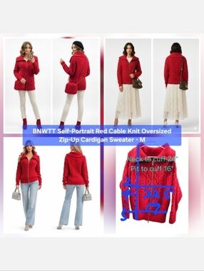 Self-Portrait Red Cable Knit Oversized Zip-Up Cardigan Sweater M